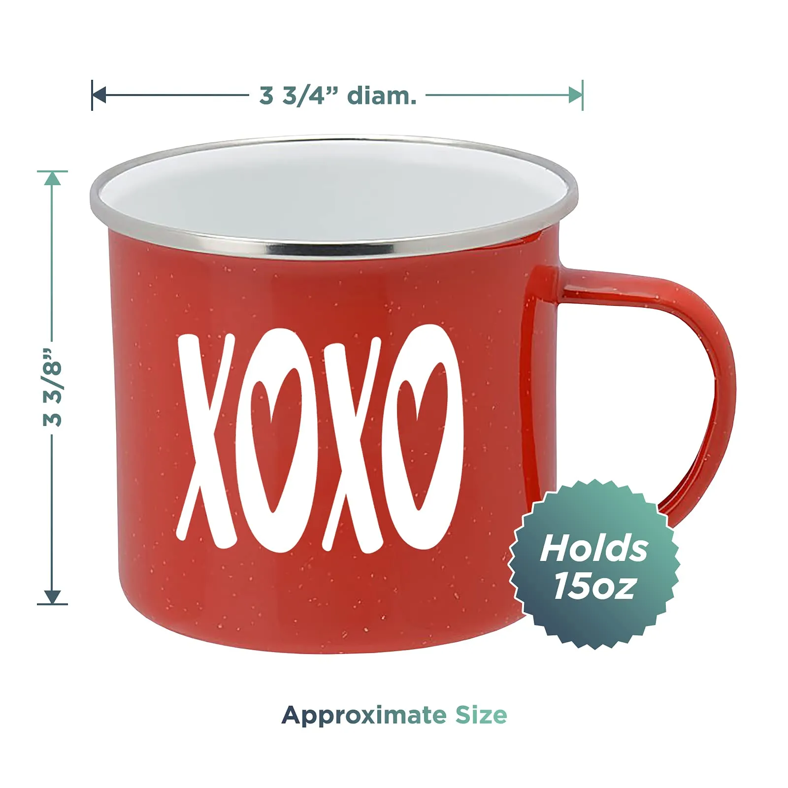 Valentines Day Gift and Home Decor - XOXO Enamel Camping Coffee Mug, 15 Ounce Tin Cup (Red)