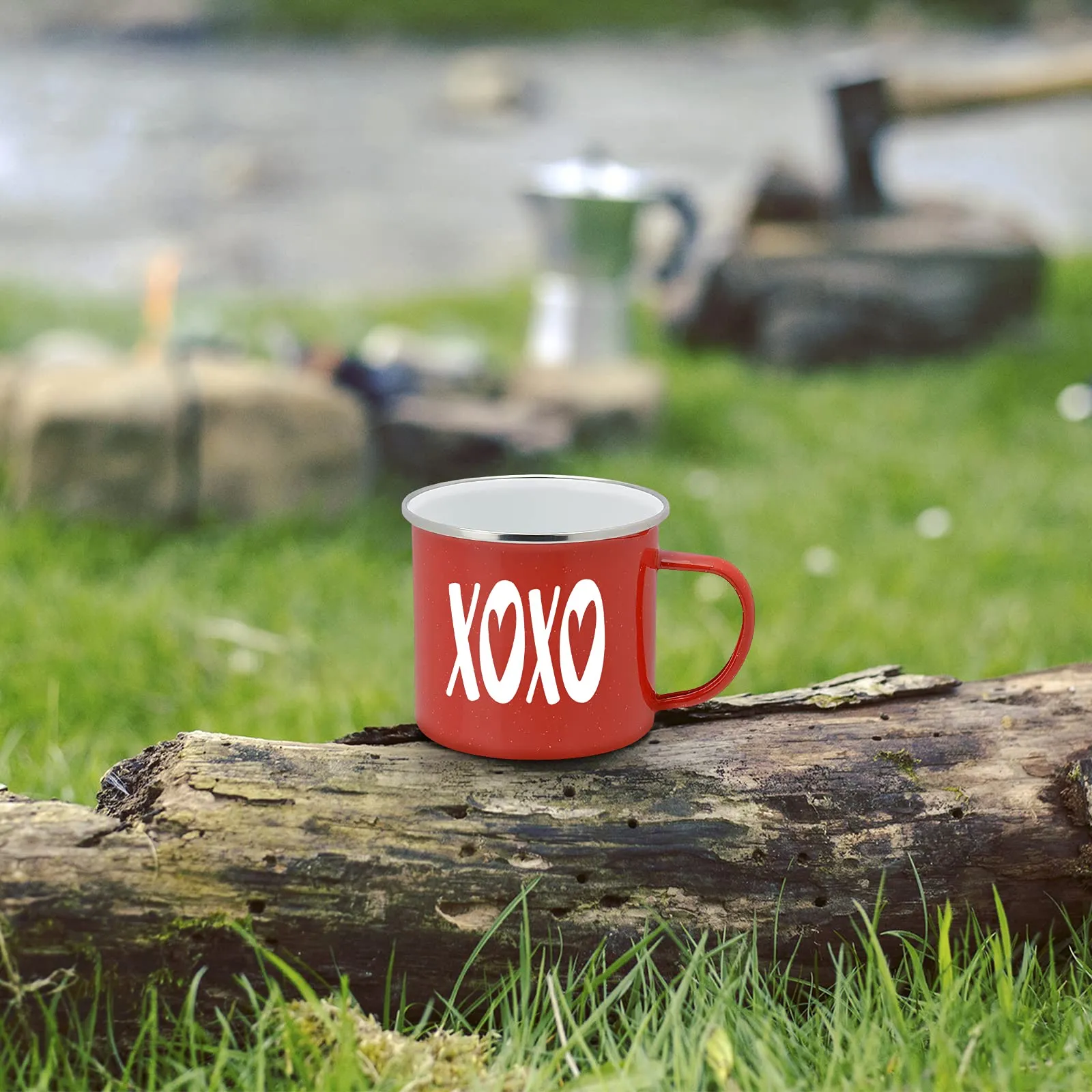 Valentines Day Gift and Home Decor - XOXO Enamel Camping Coffee Mug, 15 Ounce Tin Cup (Red)