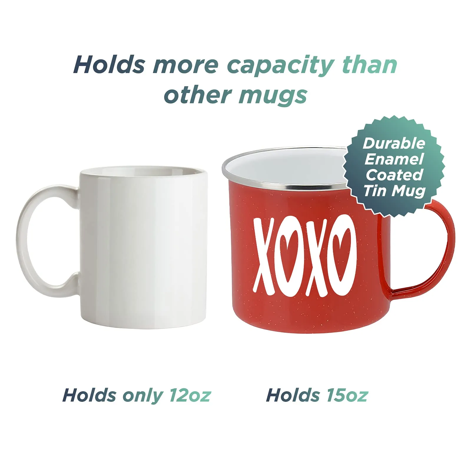 Valentines Day Gift and Home Decor - XOXO Enamel Camping Coffee Mug, 15 Ounce Tin Cup (Red)