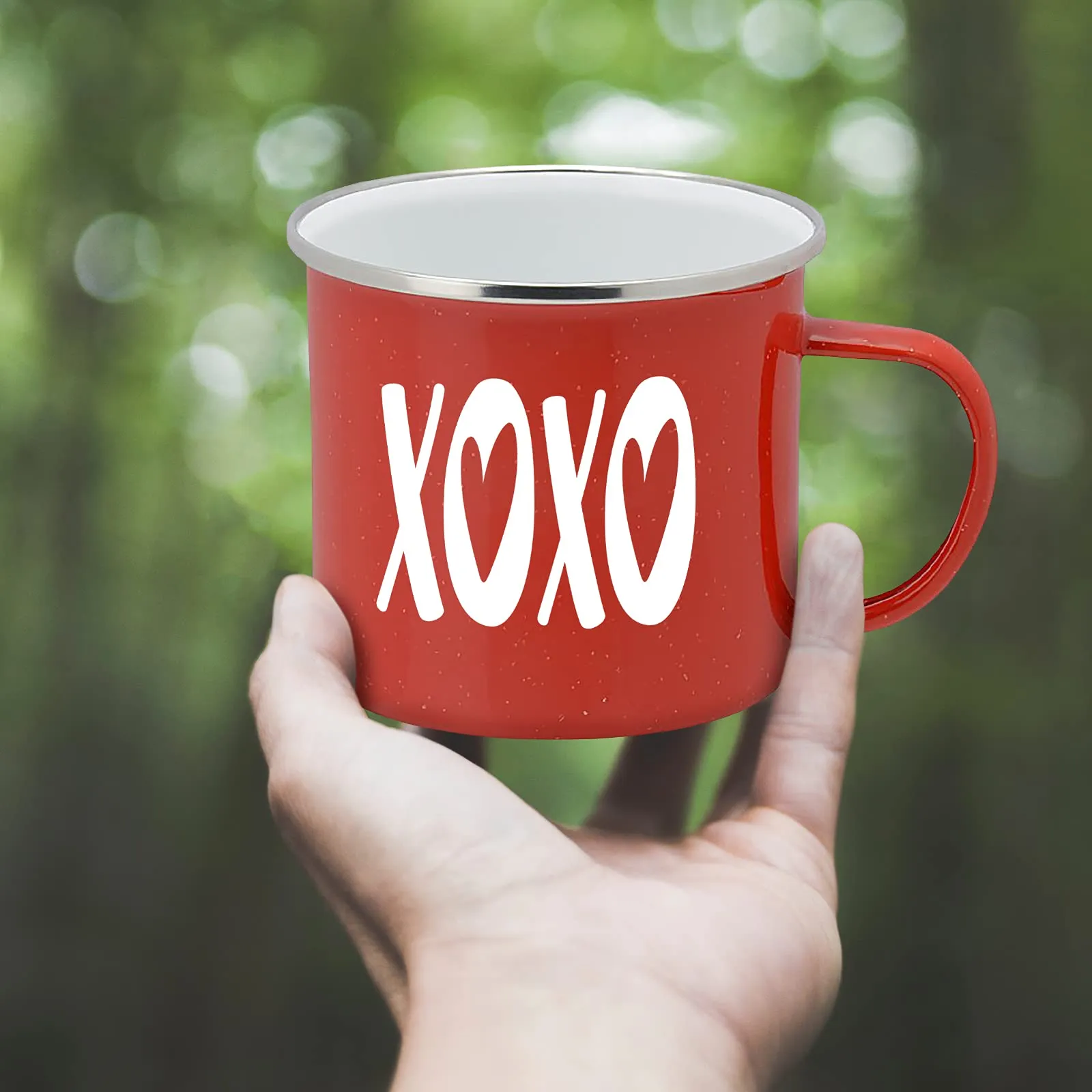 Valentines Day Gift and Home Decor - XOXO Enamel Camping Coffee Mug, 15 Ounce Tin Cup (Red)