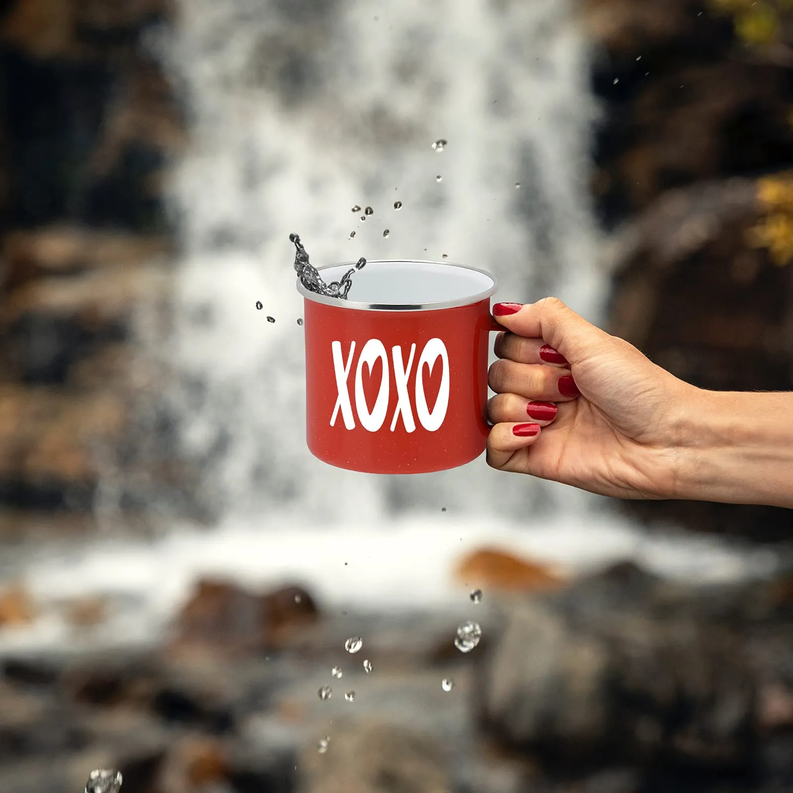 Valentines Day Gift and Home Decor - XOXO Enamel Camping Coffee Mug, 15 Ounce Tin Cup (Red)