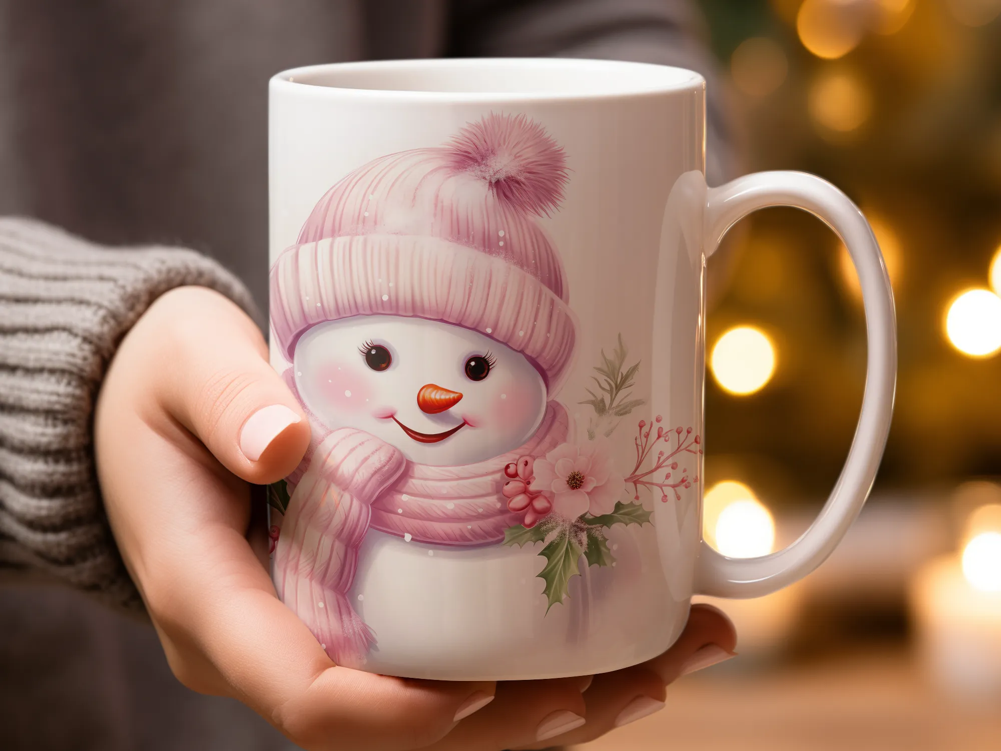 Watercolor Pink Snowman Coffee Mug, Watercolor Coffee Mug, Watercolor Mug, Winter Coffee Cup, Winter Gift for Her