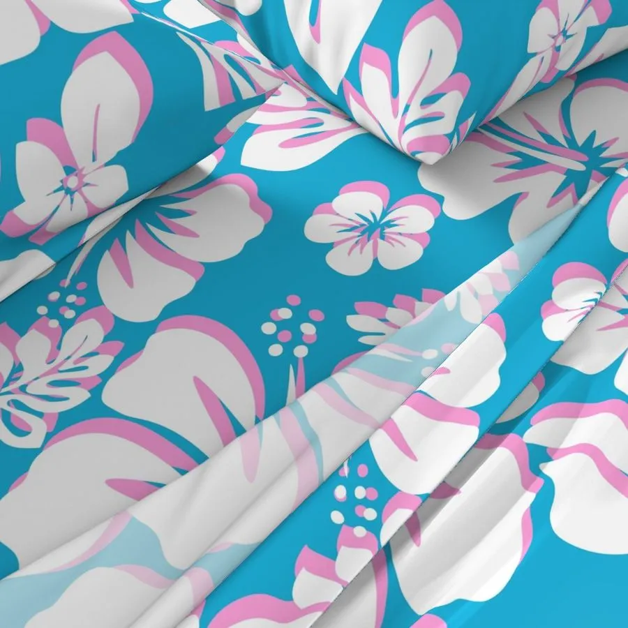 White and Soft Pink Hawaiian Flowers on Aqua Ocean Blue Sheet Set from Surfer Bedding™️ Medium Scale