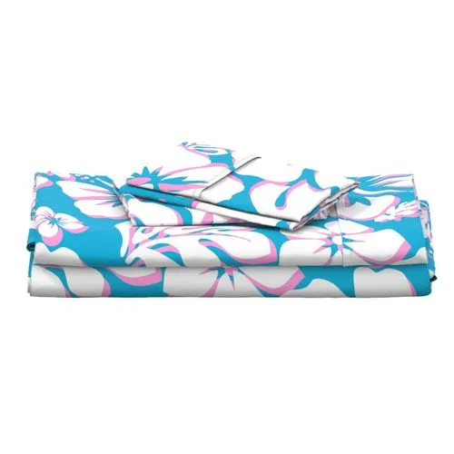 White and Soft Pink Hawaiian Flowers on Aqua Ocean Blue Sheet Set from Surfer Bedding™️ Medium Scale