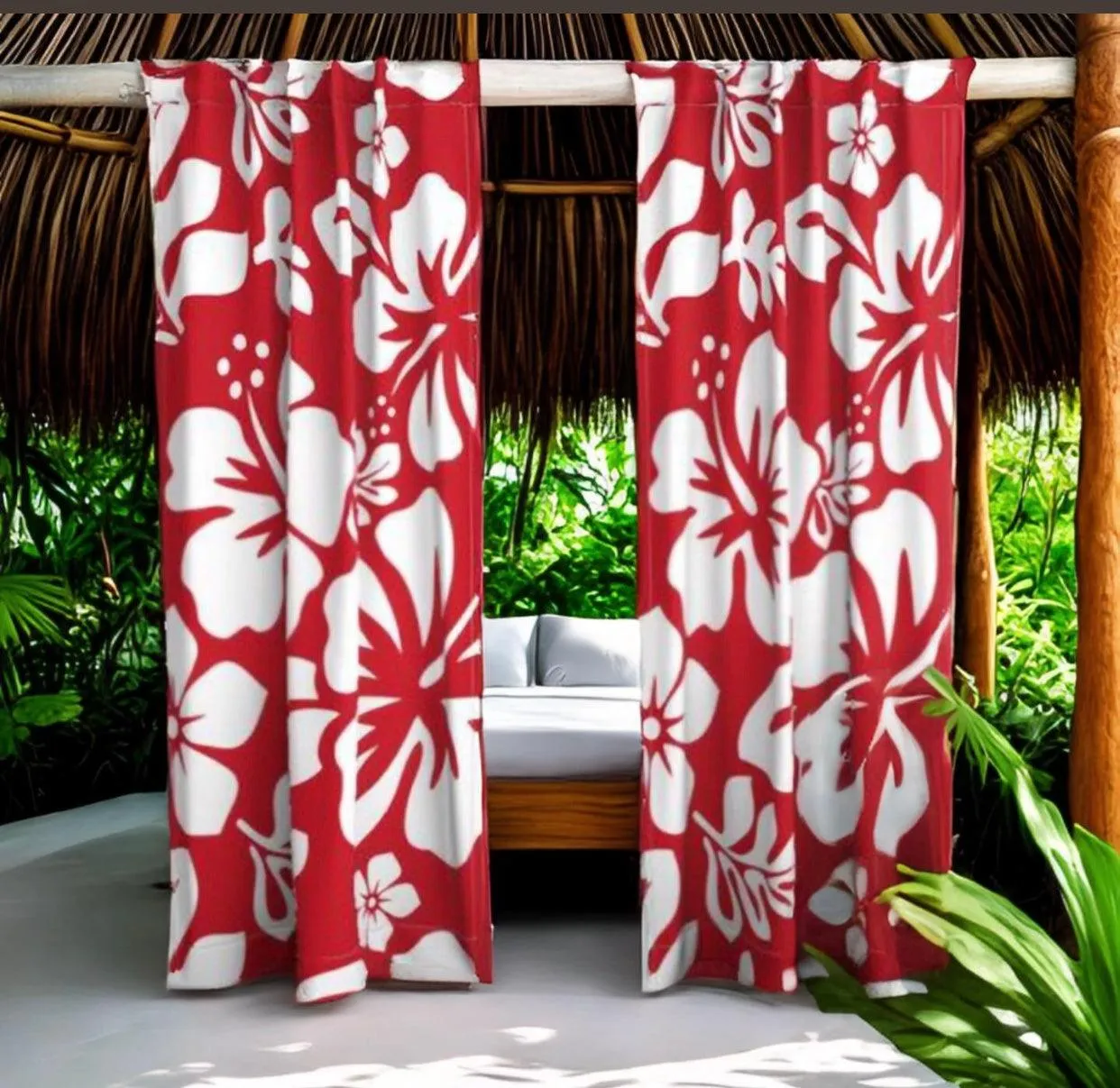 White Hawaiian Flowers on Surfer Red Sheet Set from Surfer Bedding™️ Large Scale