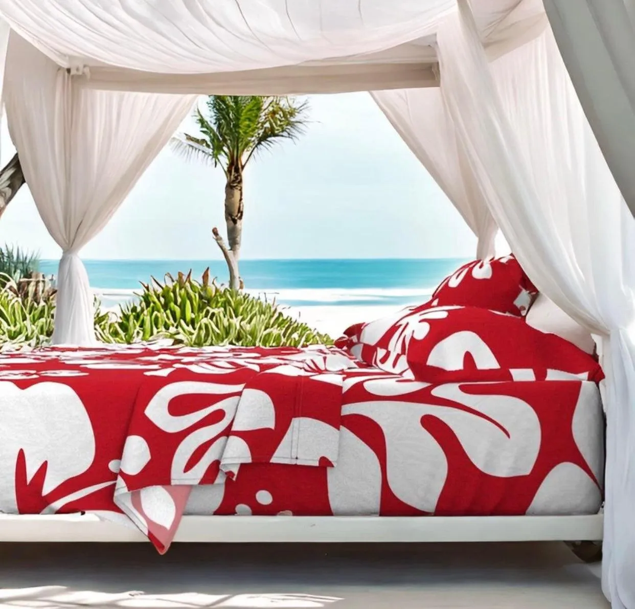 White Hawaiian Flowers on Surfer Red Sheet Set from Surfer Bedding™️ Large Scale