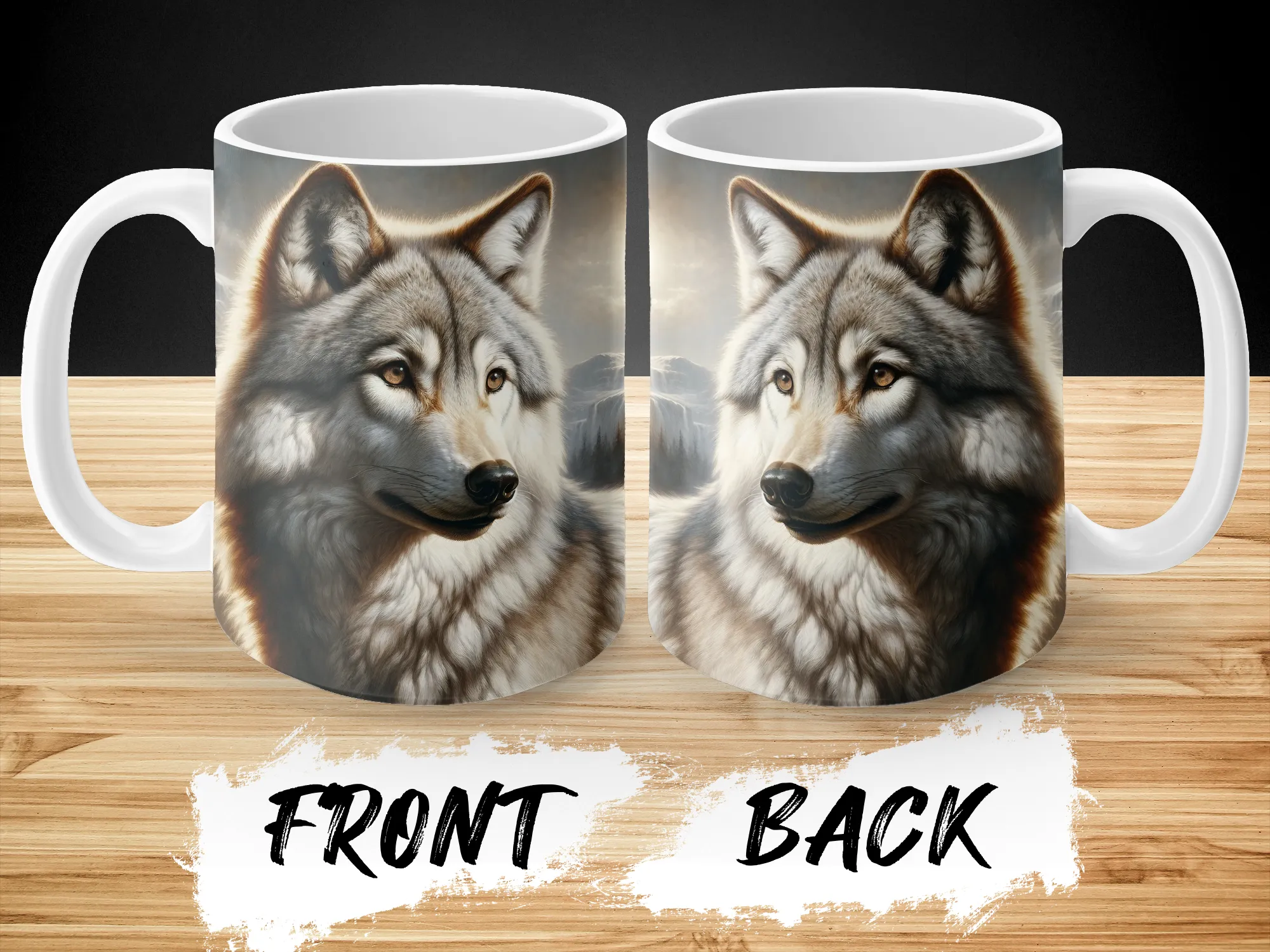 Wolf with mountain scene coffee cup, wolf mug, wolf gifts for men or women