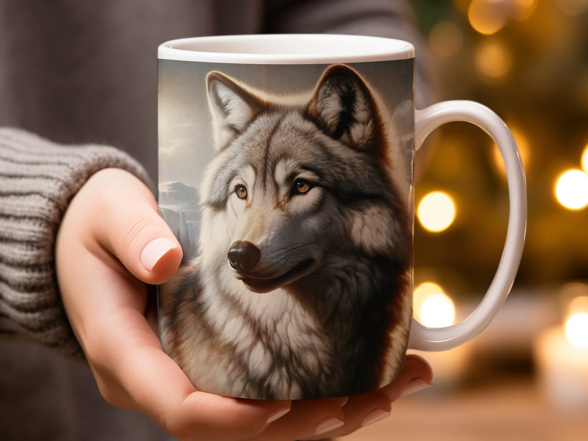 Wolf with mountain scene coffee cup, wolf mug, wolf gifts for men or women