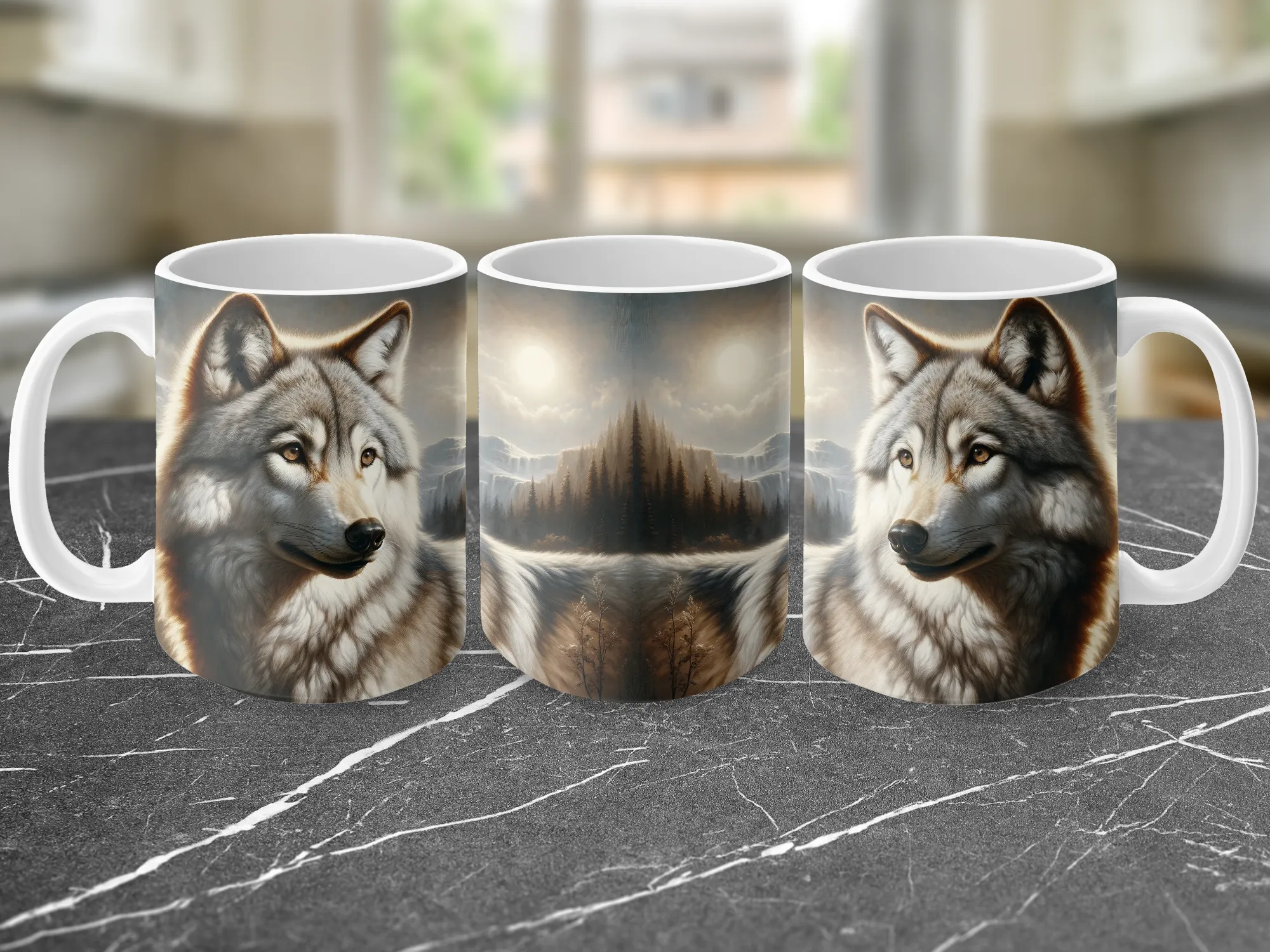 Wolf with mountain scene coffee cup, wolf mug, wolf gifts for men or women