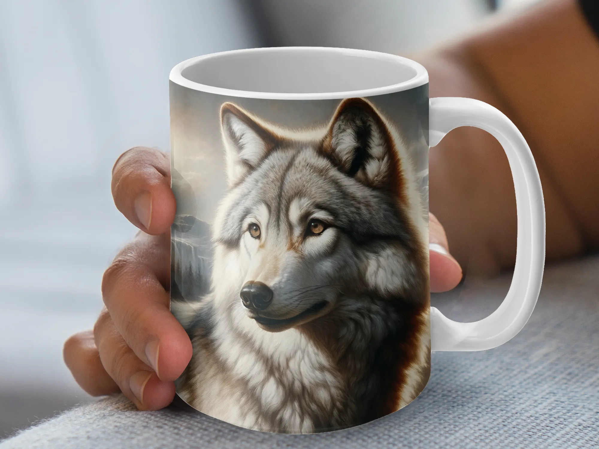 Wolf with mountain scene coffee cup, wolf mug, wolf gifts for men or women